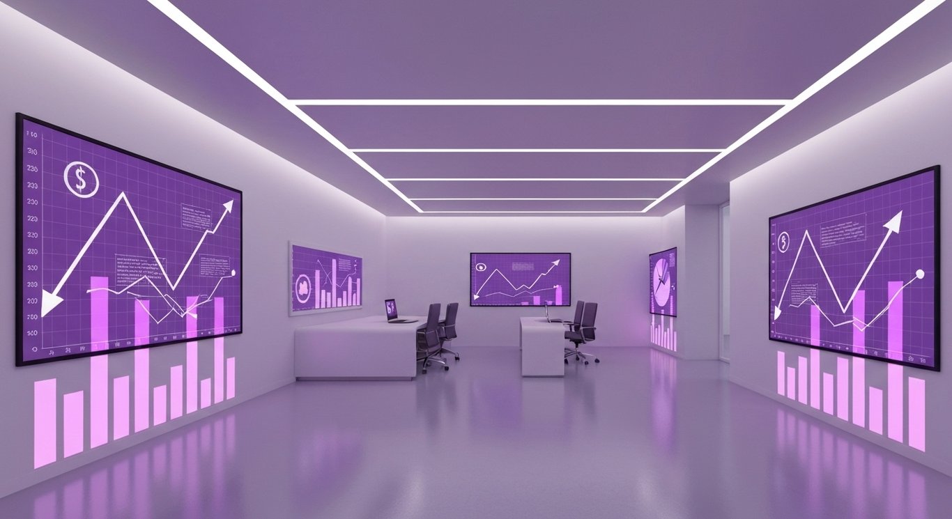 Abstract business figures with downward-trending graphs in a sleek office environment