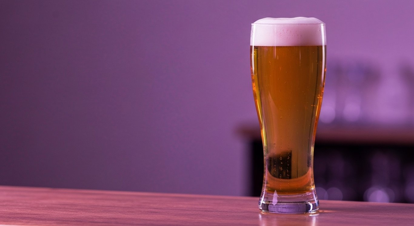 Beer glass on a simple bar counter against a softly lit purple background