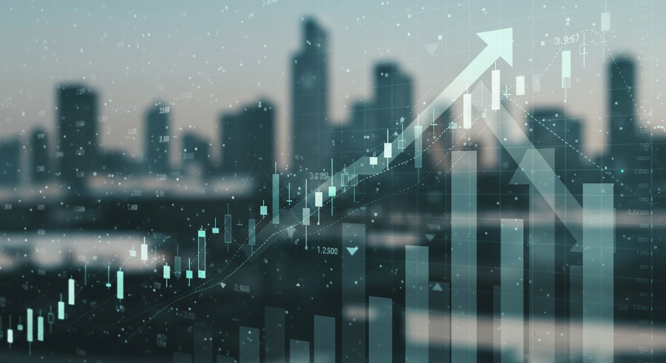 Digital collage representing stock market trends and economic activity.