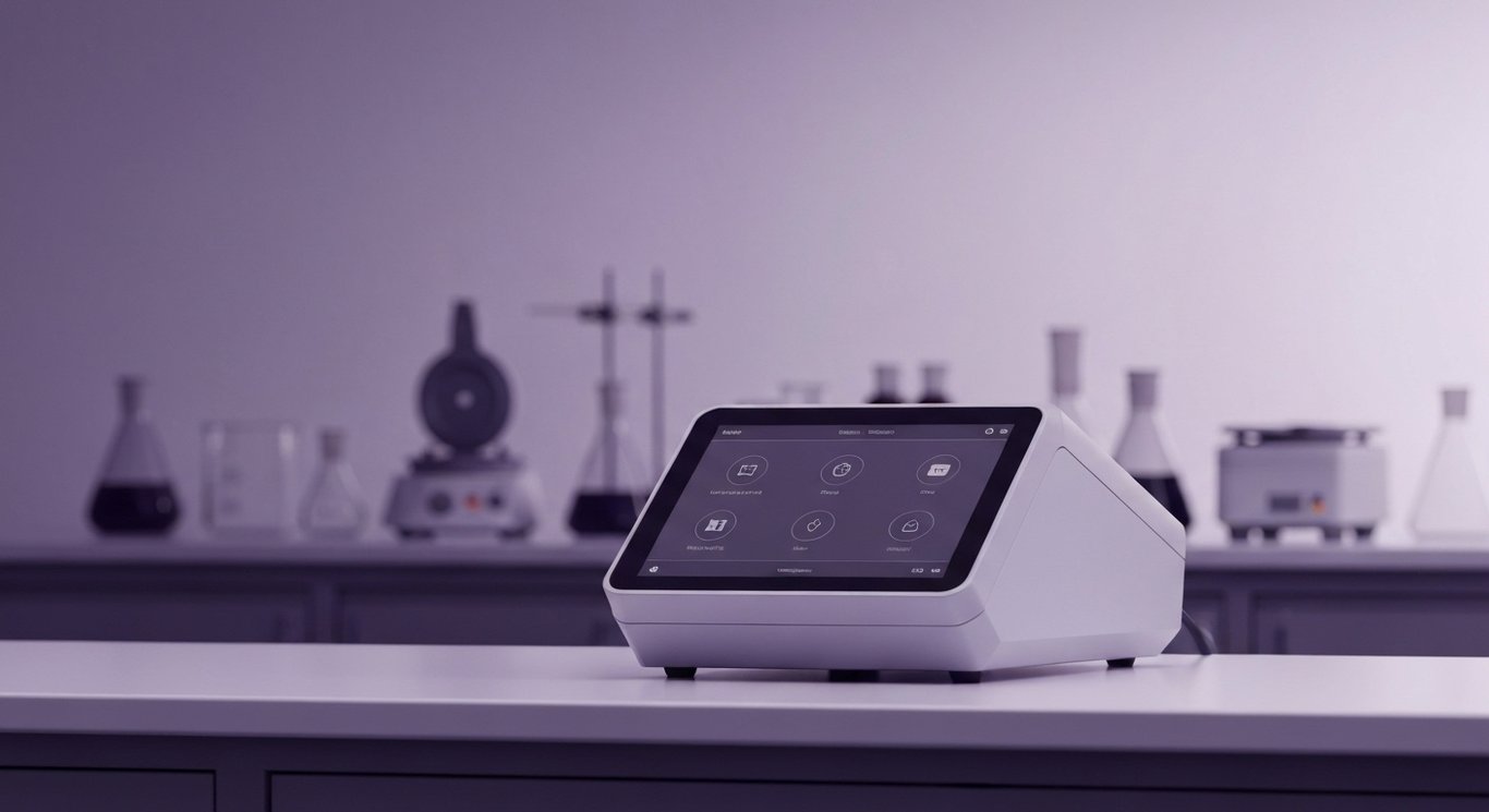 Modern laboratory device on a clean countertop with a soft purple background and subtle equipment