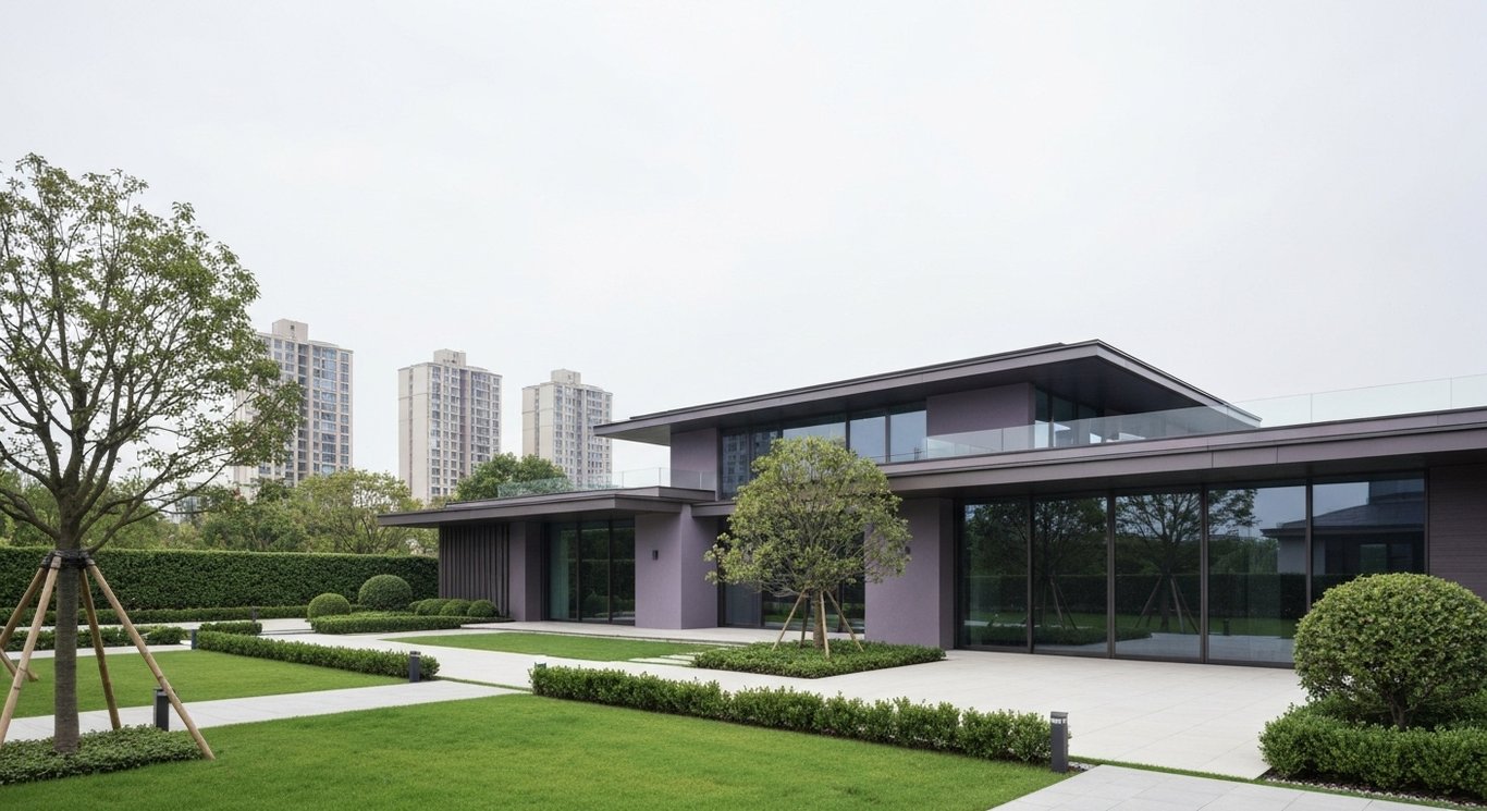 Modern luxury home with landscaped yard and apartment buildings in the background