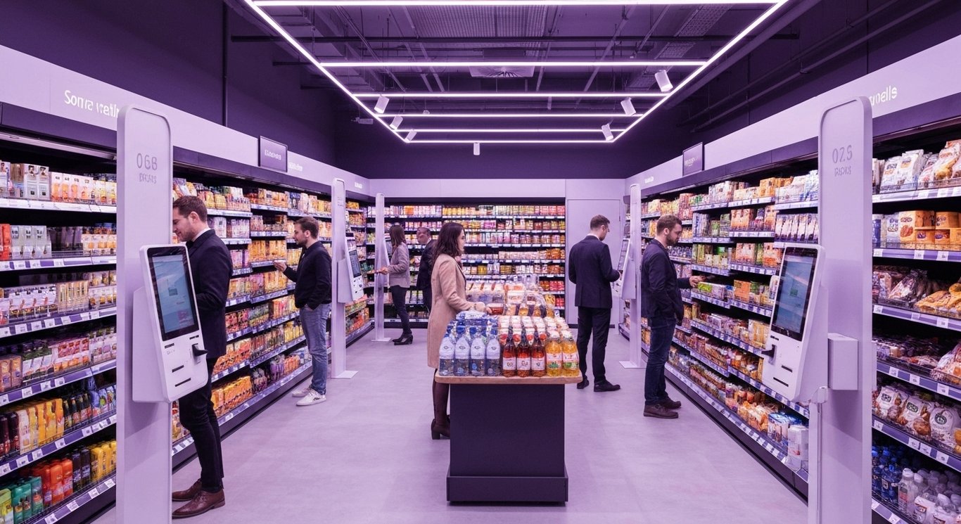 Grocery store aisle with shoppers and digital kiosks, bathed in soft purple lighting