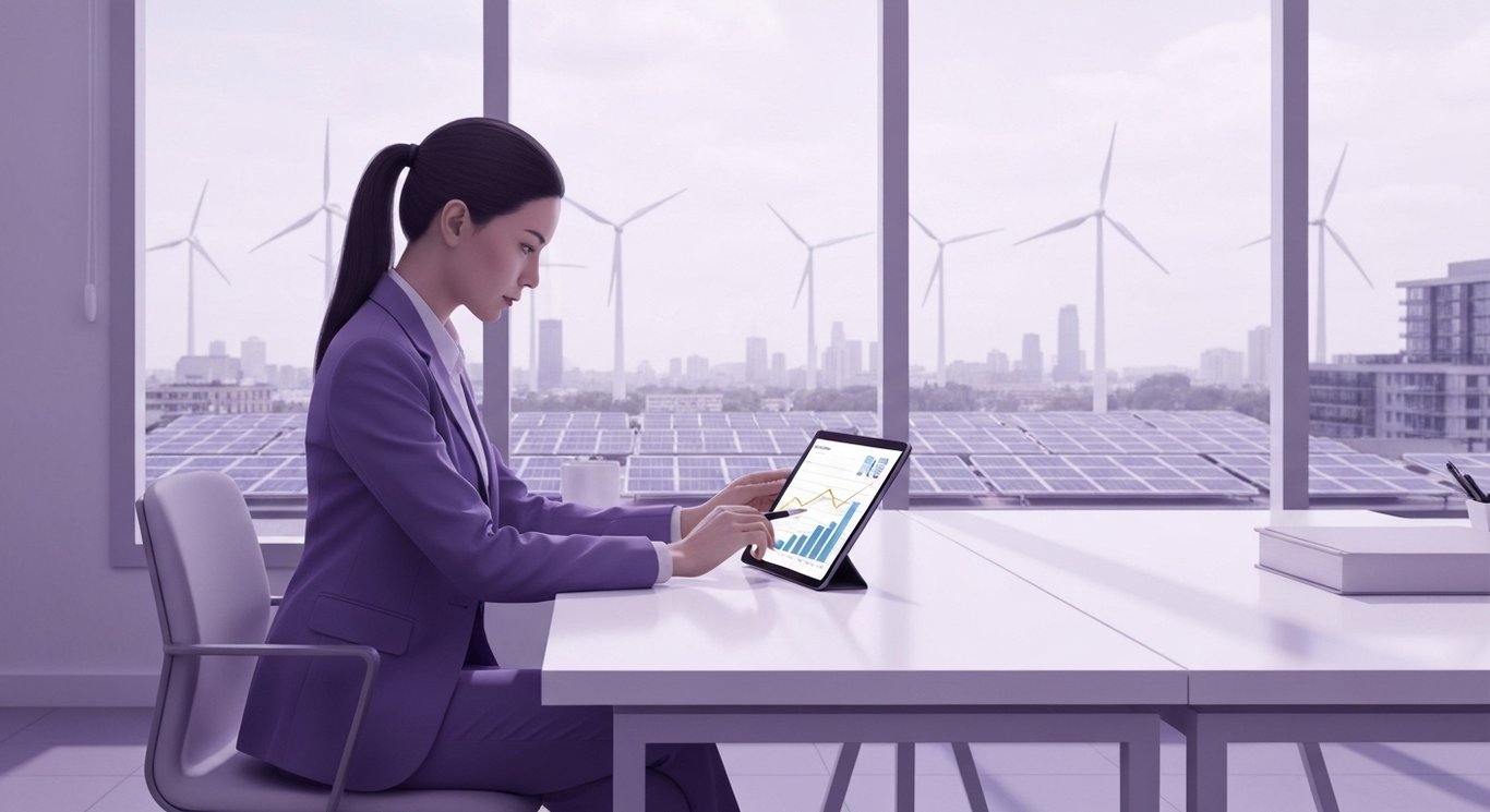 Businesswoman with tablet analyzing energy graphs near window with wind turbines and solar panels outside