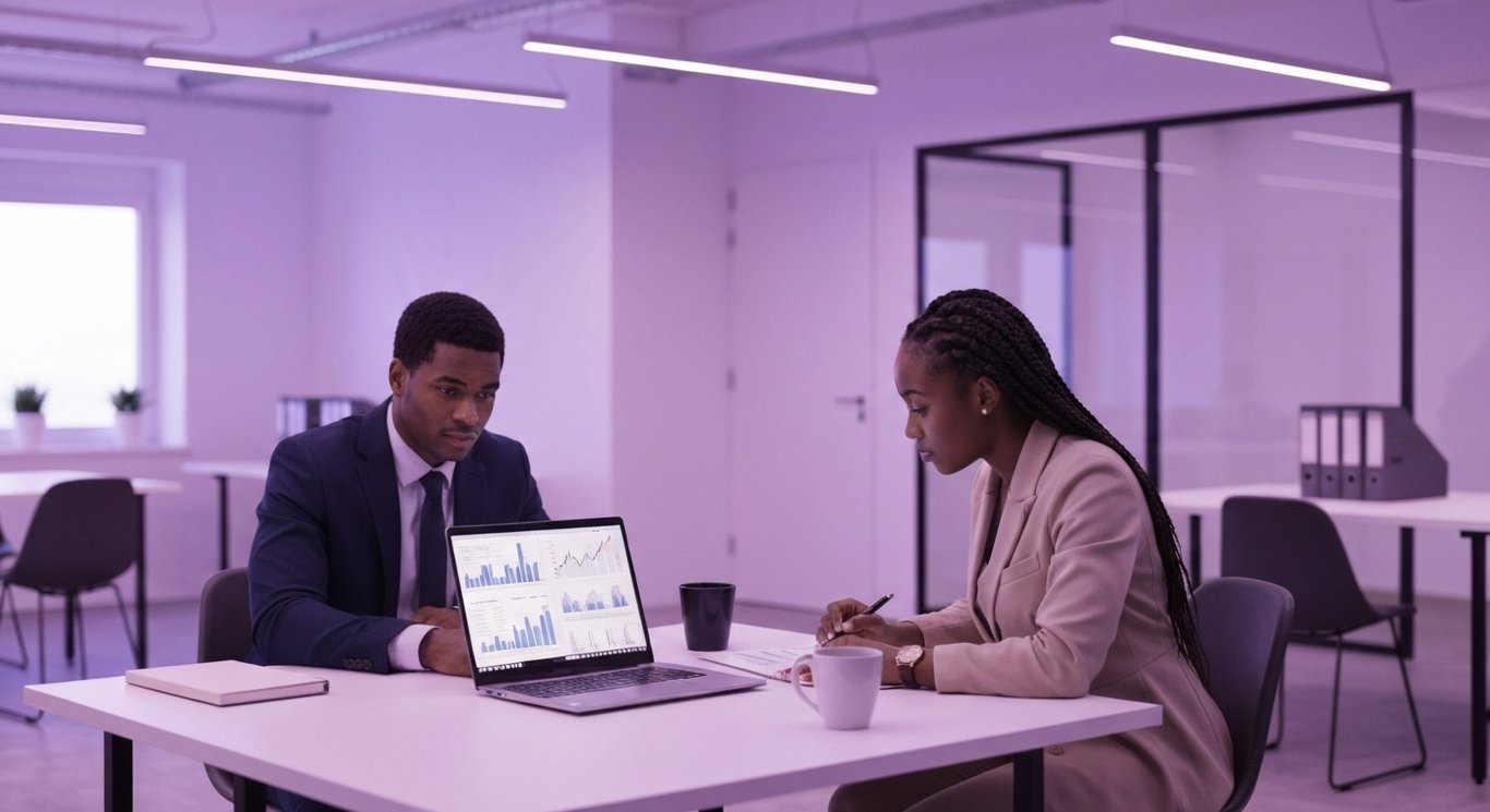 Business professionals reviewing financial data on a laptop in a modern office with purple ambient lighting