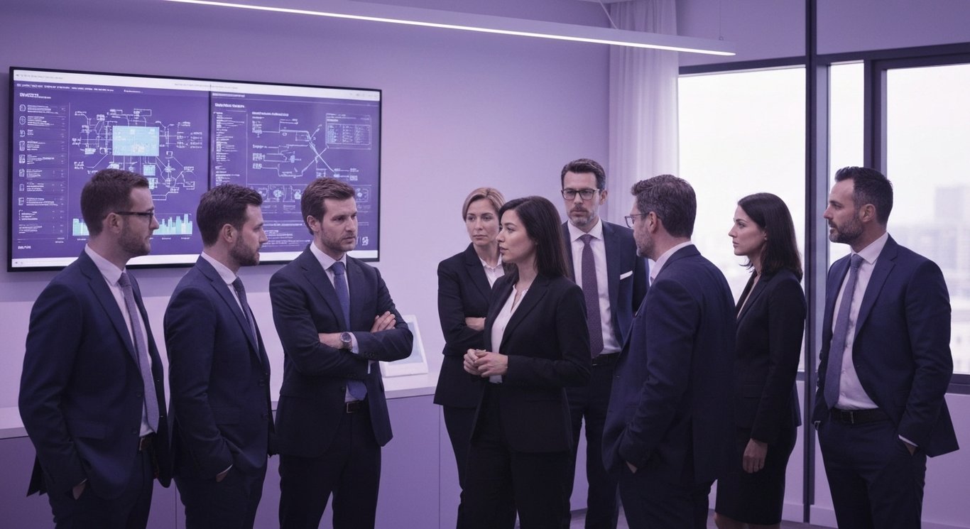 Corporate executives converse near digital screens in a modern office with a purple-themed minimalist design