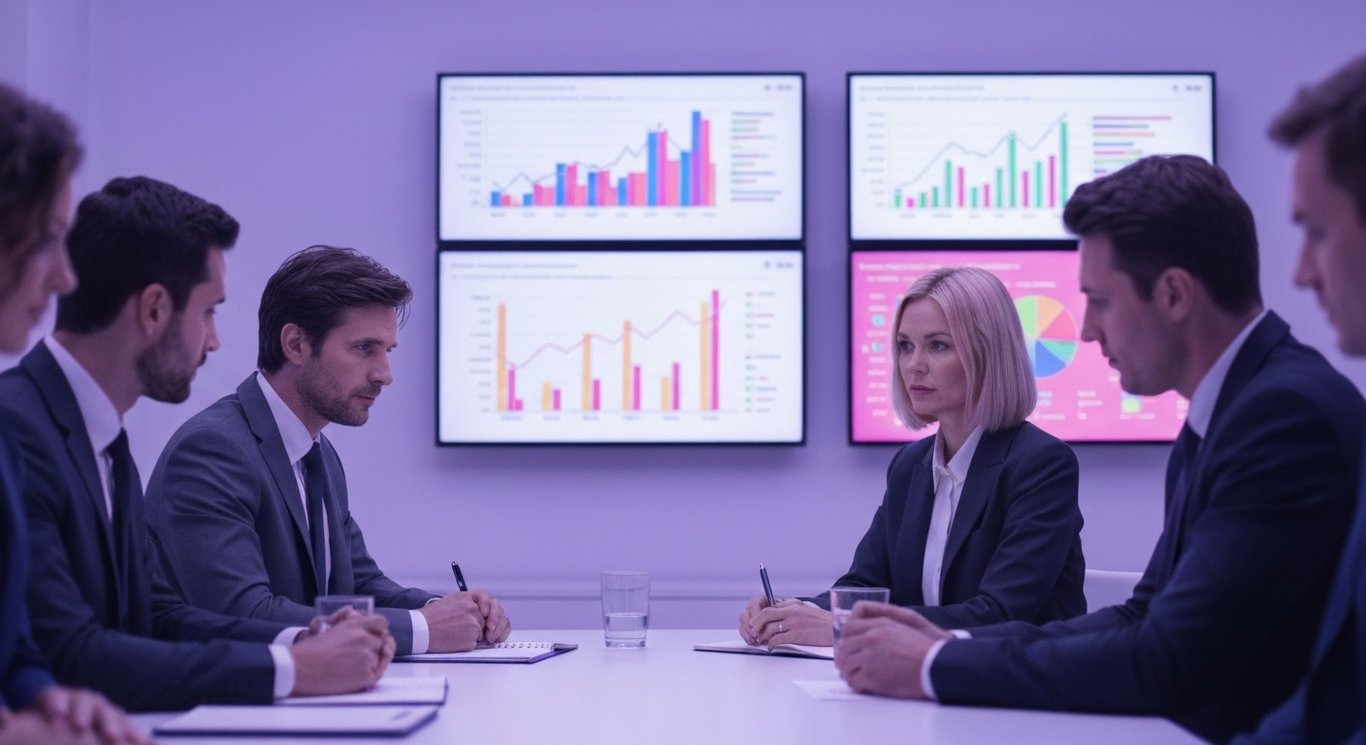 Business people at a conference table with digital financial graphs in the background