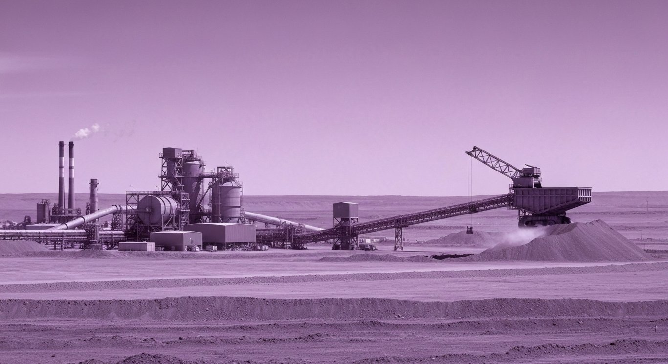 Copper mining facility in a dry landscape with industrial buildings and a subtle purple-tinted sky
