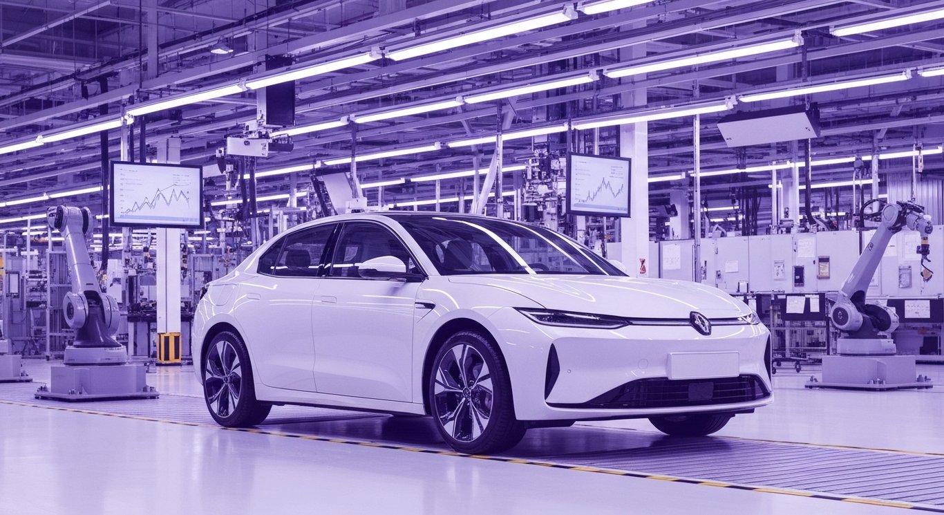 Electric vehicle amid robotic arms in a modern factory with abstract purple market charts in the background