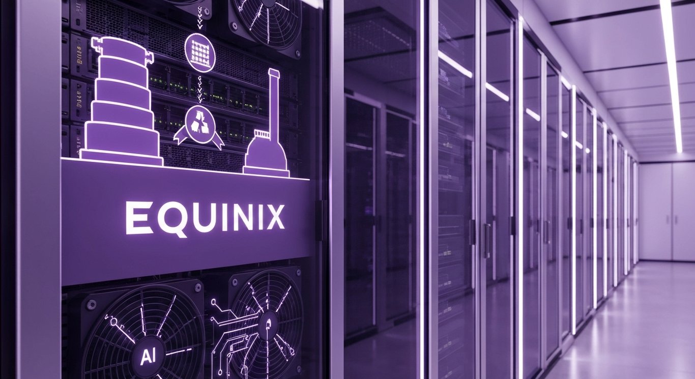 Equinix AI power strategy with nuclear, fuel cells, and renewables in a purple data center, focused on capacity expansion and
