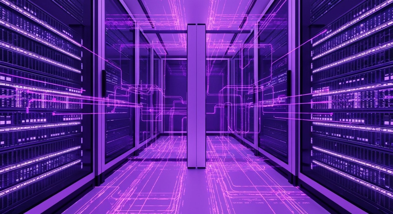 Network server racks with glowing digital connections in a futuristic purple-lit data center
