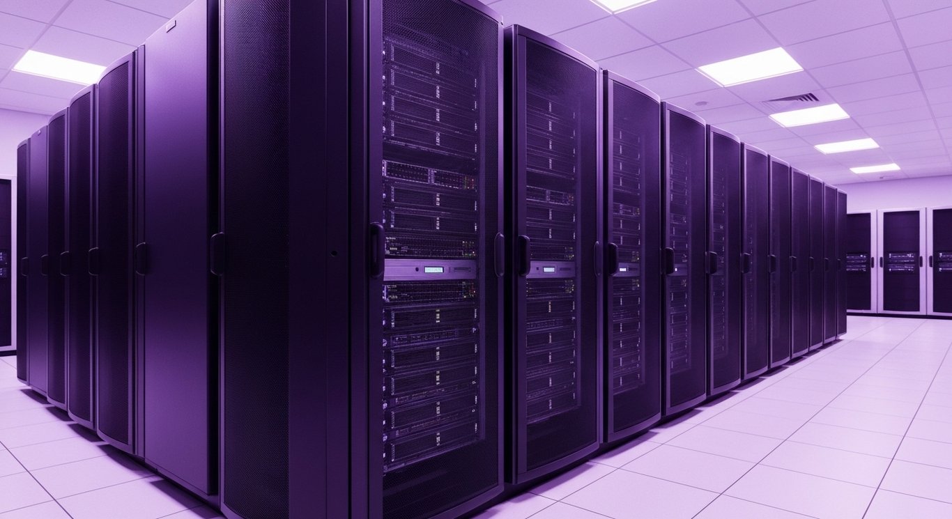 Black server racks in a modern data center with ambient purple lighting