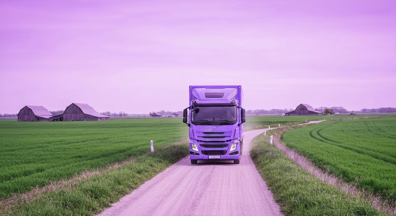 Delivery truck driving on a rural dirt road with barns and fields in the background