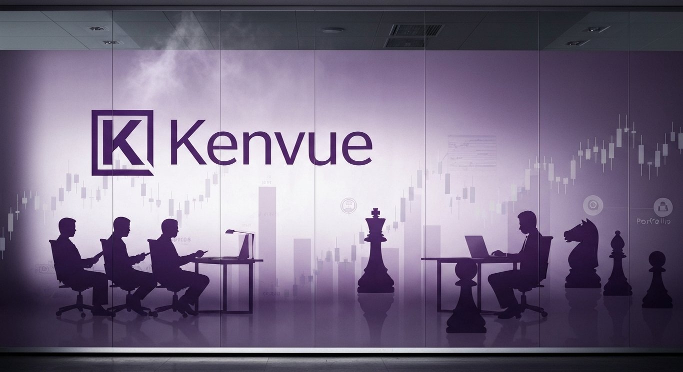 Logo on translucent glass with chess pieces, converging arrows, faint stock charts and decision nodes, purple mist