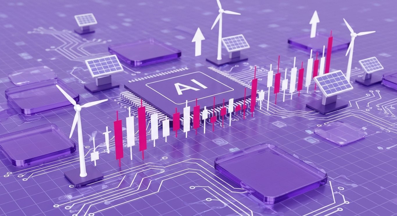 Market overview with US stocks, AI trends, renewable energy, and central bank rate cues in a purple minimalist style