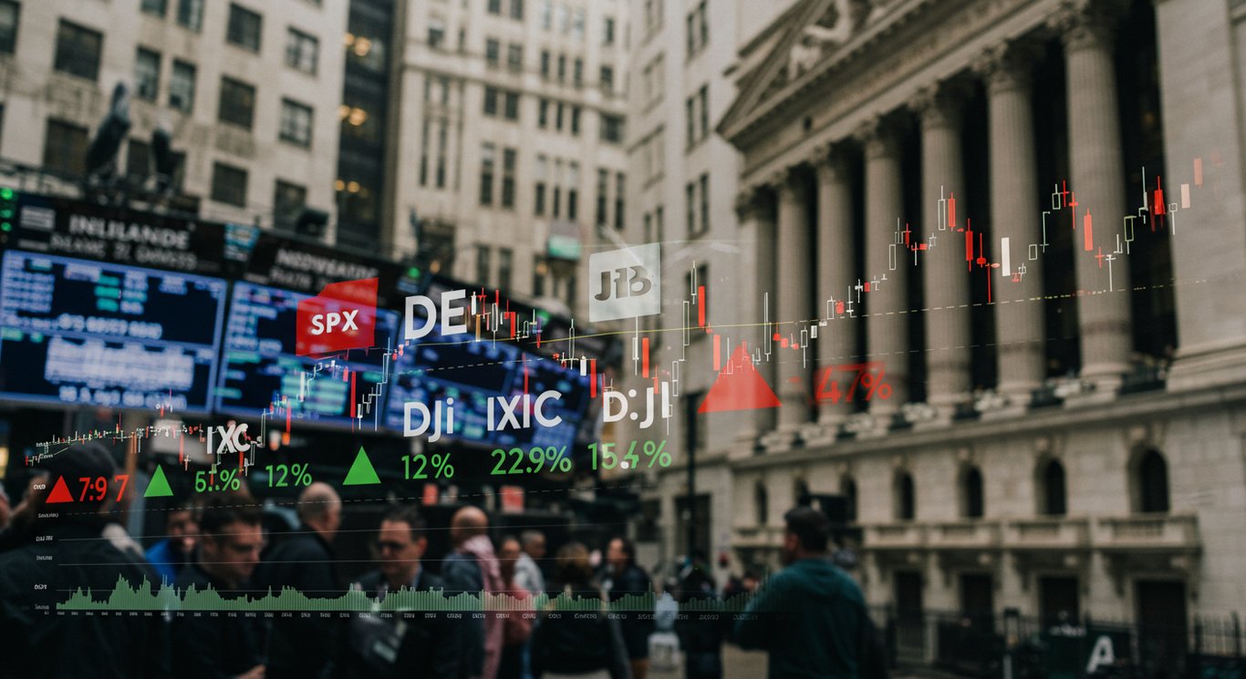 Stock market ticker tape with inflation headlines, reflecting a cautious midday pullback.
