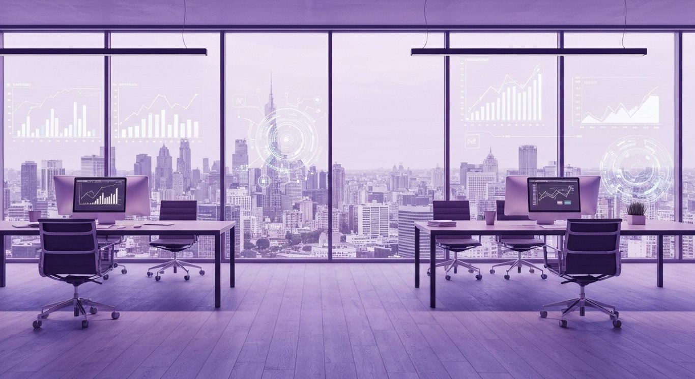 Modern office workspace featuring digital charts and technology with a city skyline and soft purple tones