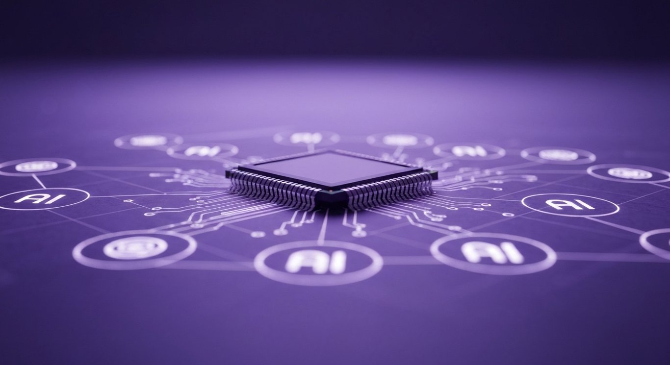 Microchip encircled by AI, car, and smart device icons against a futuristic purple backdrop