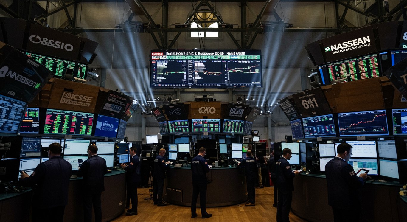 Stock market opening on February 10, 2025, showing traders and market indices.