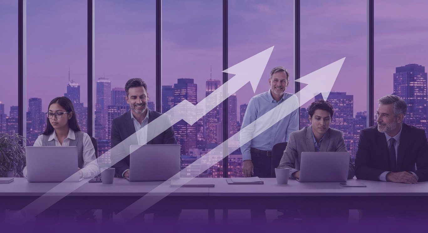 Abstract business chart with arrows and team meeting in a modern office, city skyline in background