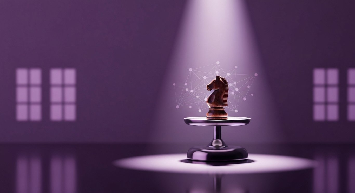 Chess knight on a balance scale with faint network nodes and distant abstract windows under a soft purple glow