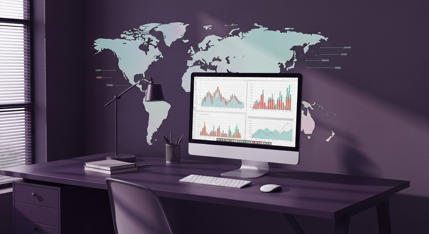 Office desk with financial charts and abstract purple-toned background implying market expansion