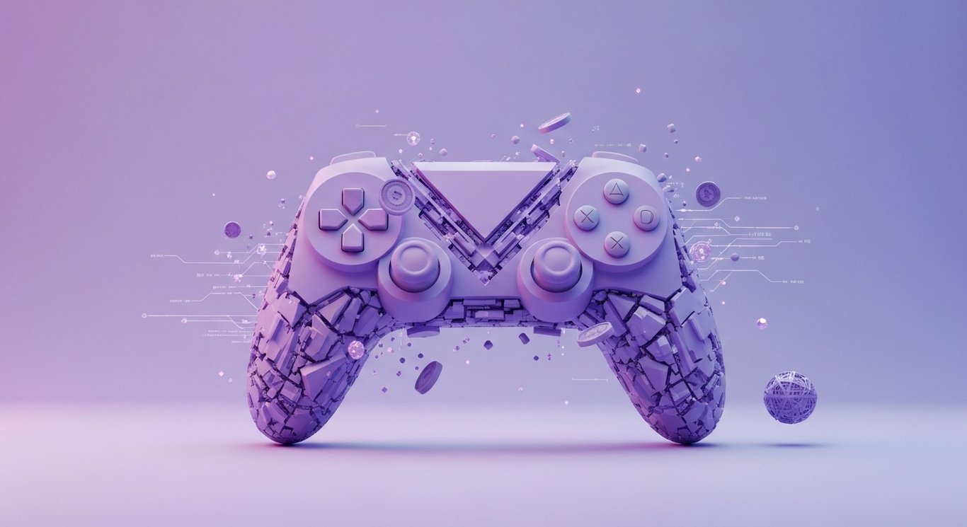 Abstract 3D game controller with dynamic digital elements on a modern purple gradient background