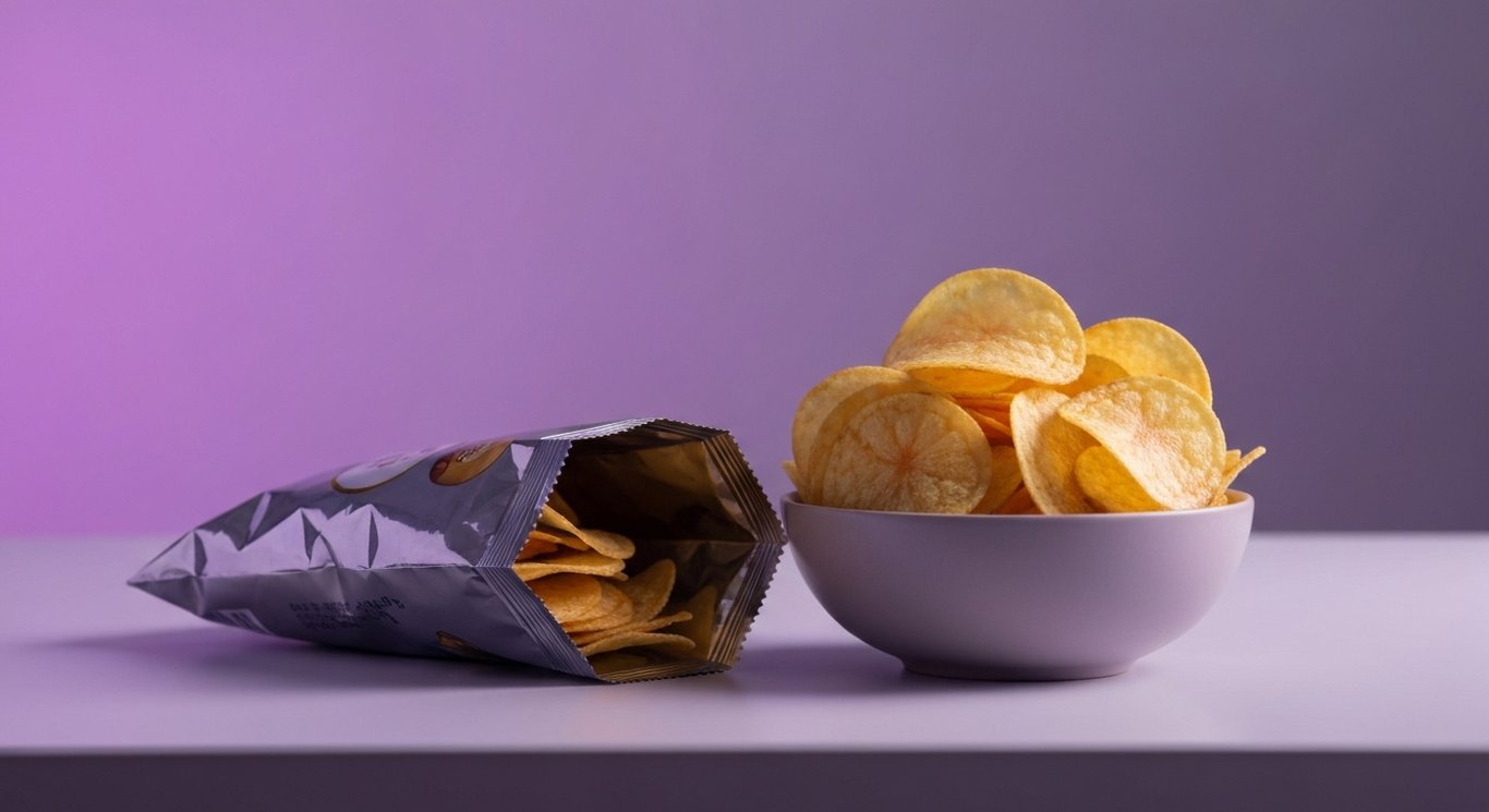 Stack of potato chips in a small bowl next to an open snack bag on a clean table with a purple gradient backdrop