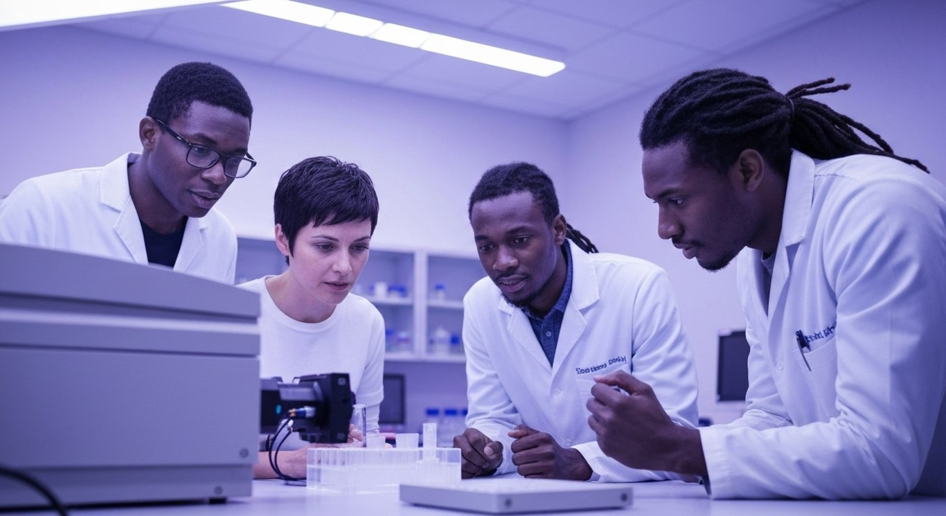 Medical researchers analyze equipment in a modern clinical lab with a subtle purple-toned background