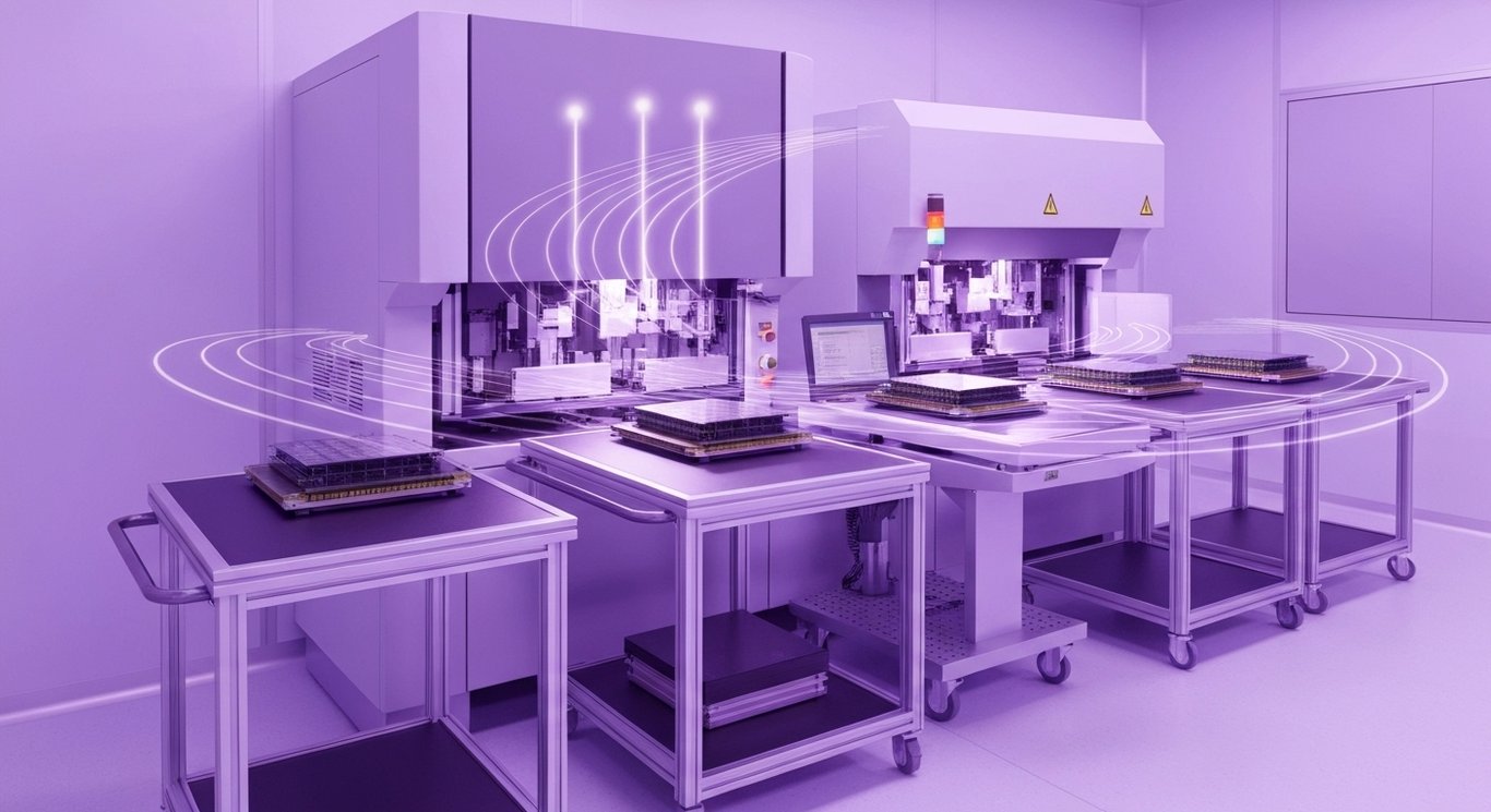 Advanced chip tester with high-bandwidth memory stacks in a cleanroom, wafer carts and soft purple light trails behind