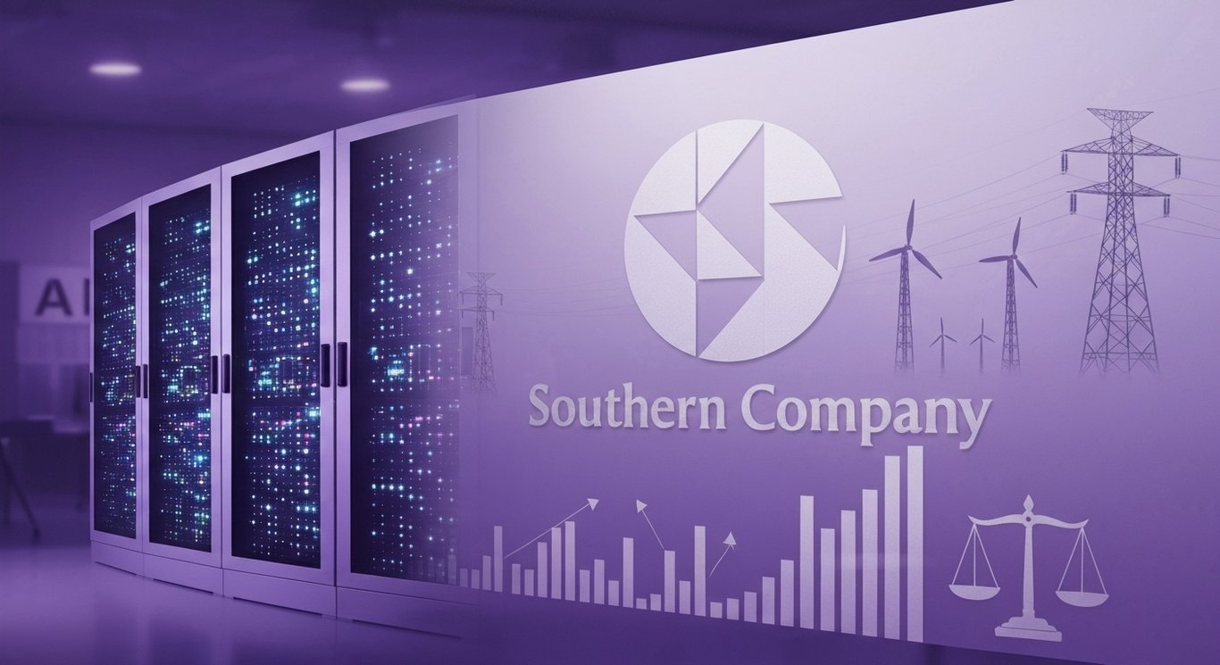 Southern Company capex strategy for AI data center power, grid upgrades, and dividend balance in a minimalist purple scene