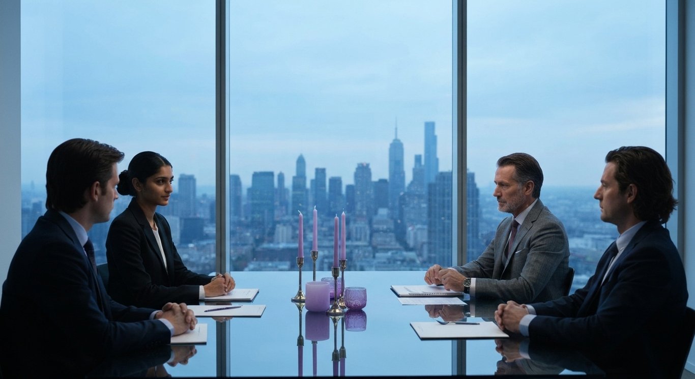 Businesspeople at a glass table in front of a city skyline with a modern, minimalist purple tone