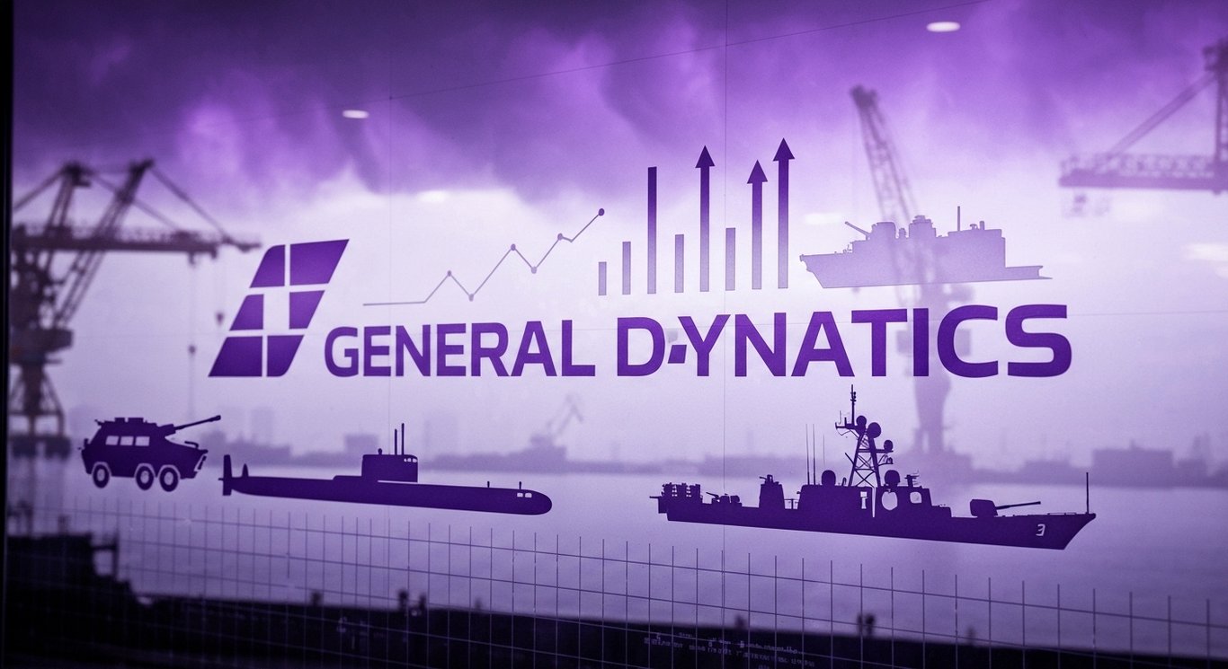 Defense contractor logo, submarine and destroyer silhouettes, growth arrows, strong backlog, margin expansion, purple light