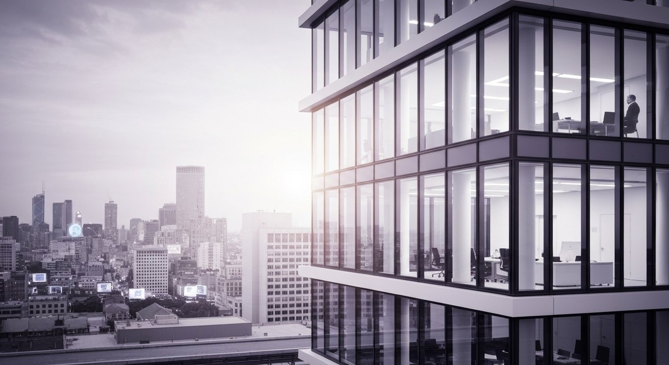 Modern office building with glass windows in a vibrant cityscape with hints of economic activity