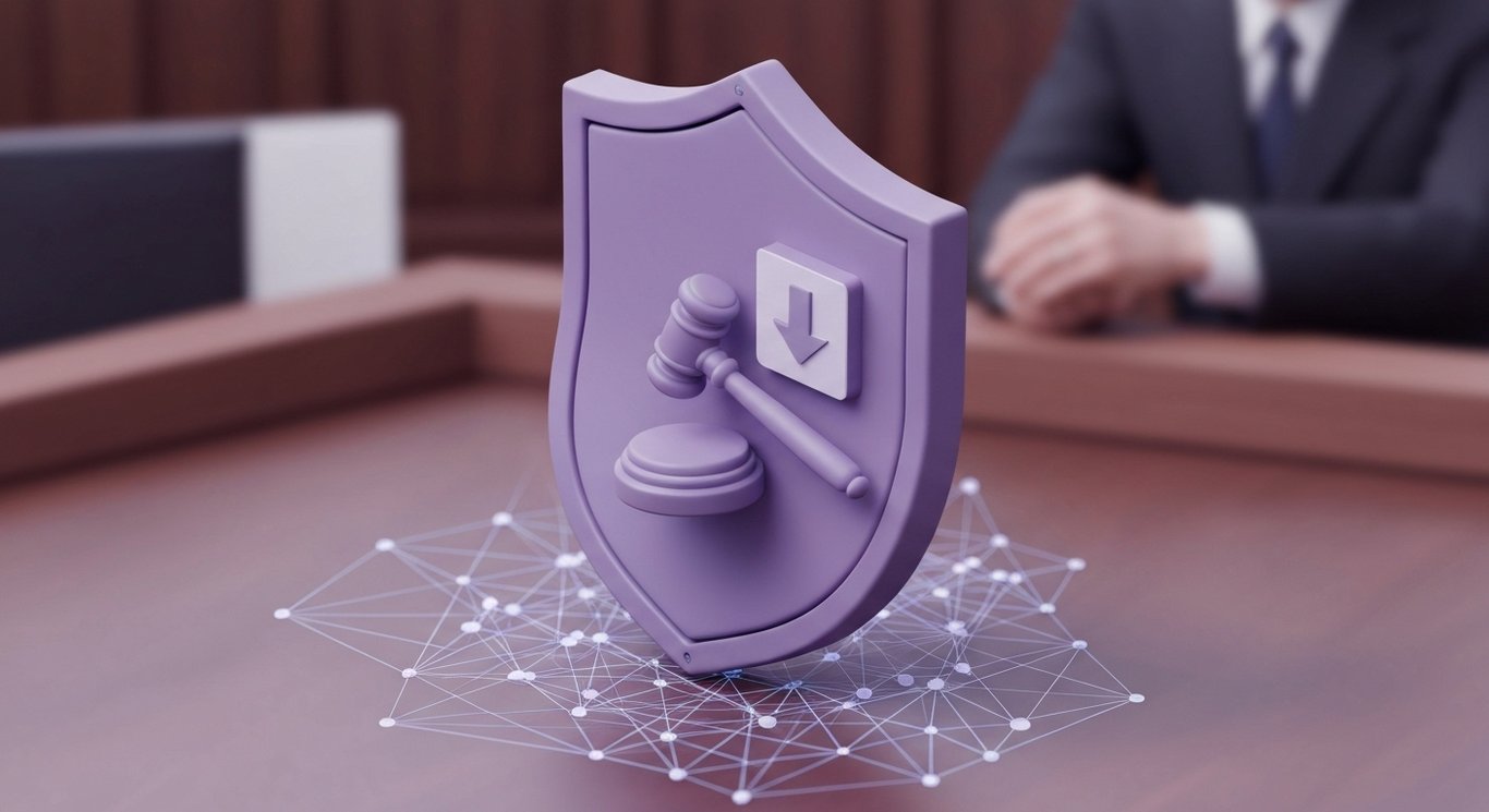 Security shield with a gavel and downward arrow over abstract network mesh and a blurred courtroom backdrop