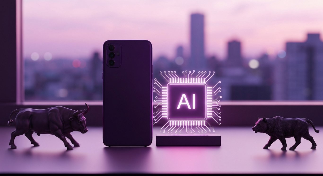 Bull and bear figurines next to a smartphone on a desk with soft city skyline bokeh in purple tones