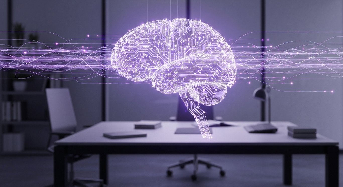 AI brain composed of circuits above a modern workspace with glowing purple data streams