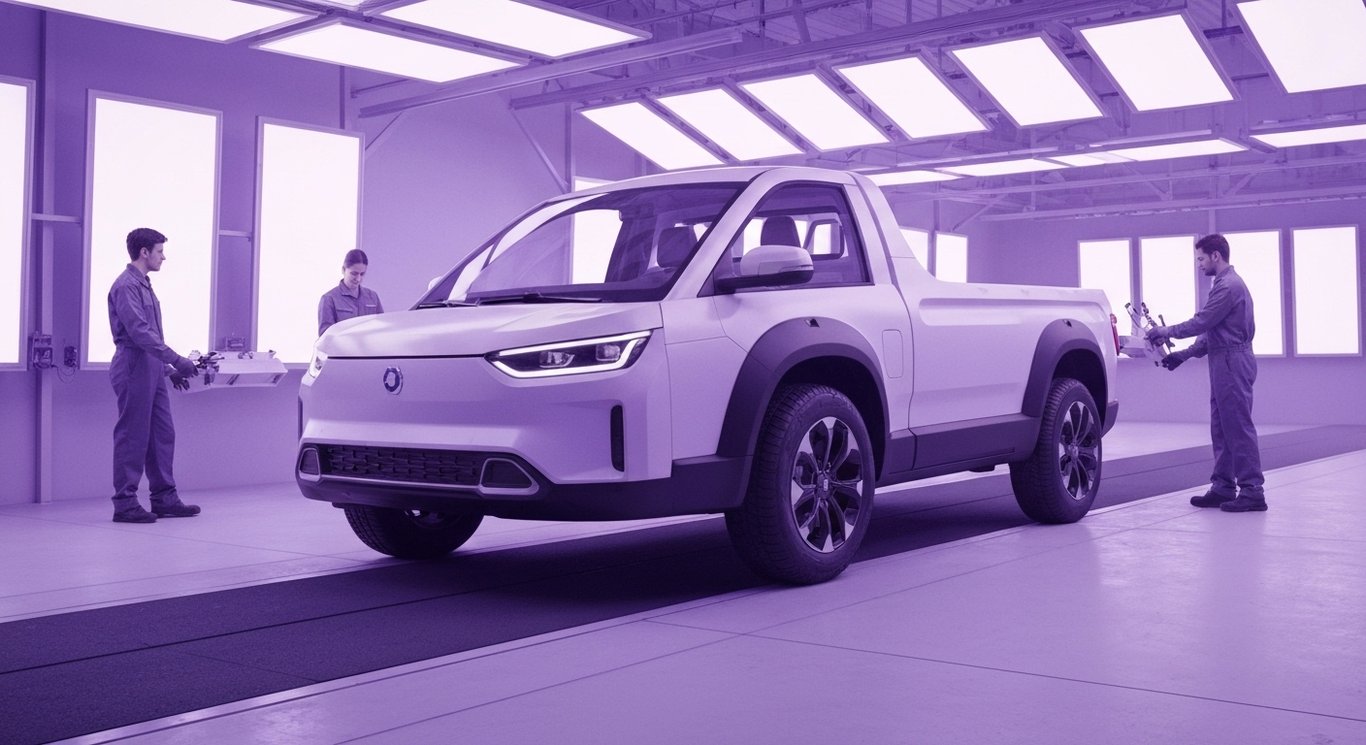 Compact electric pickup truck on a modular chassis moving through an assembly line with soft purple lighting