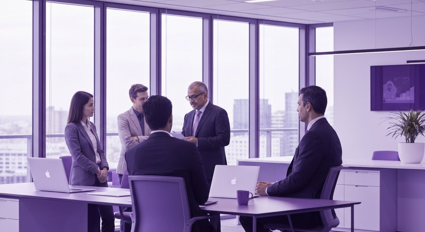 Business professionals in a modern office with glass walls and a purple-accented background