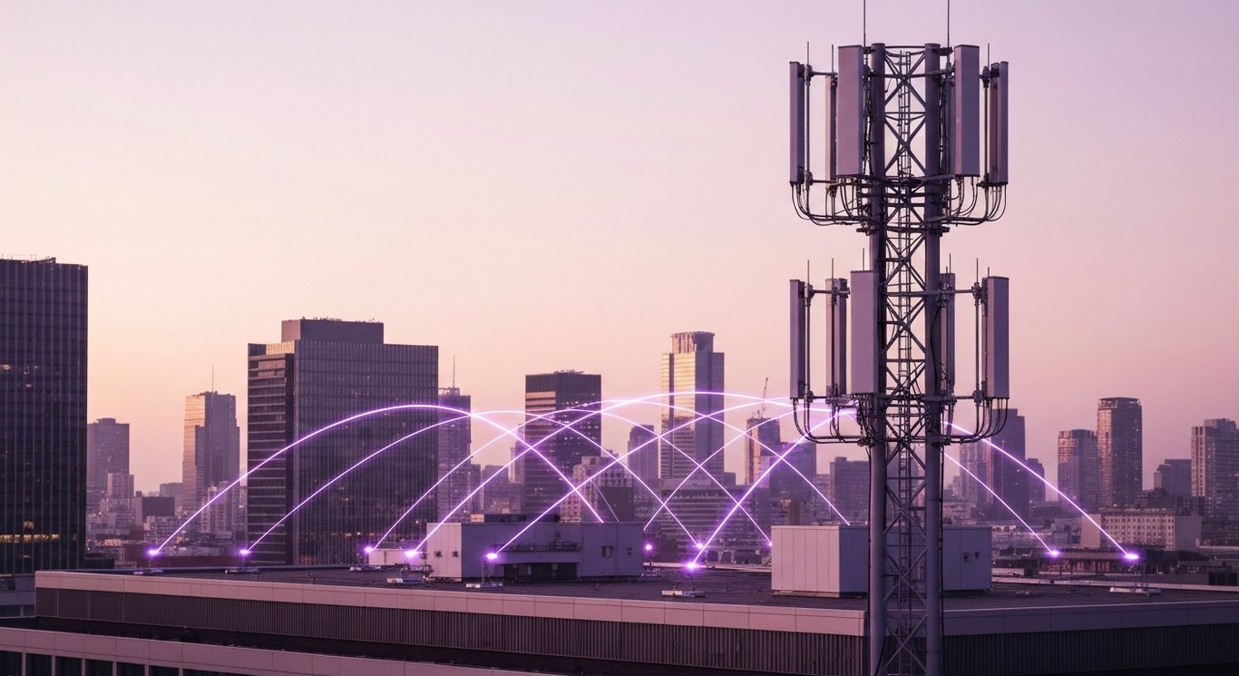 5G cell tower above city skyline at dusk with subtle purple network glow