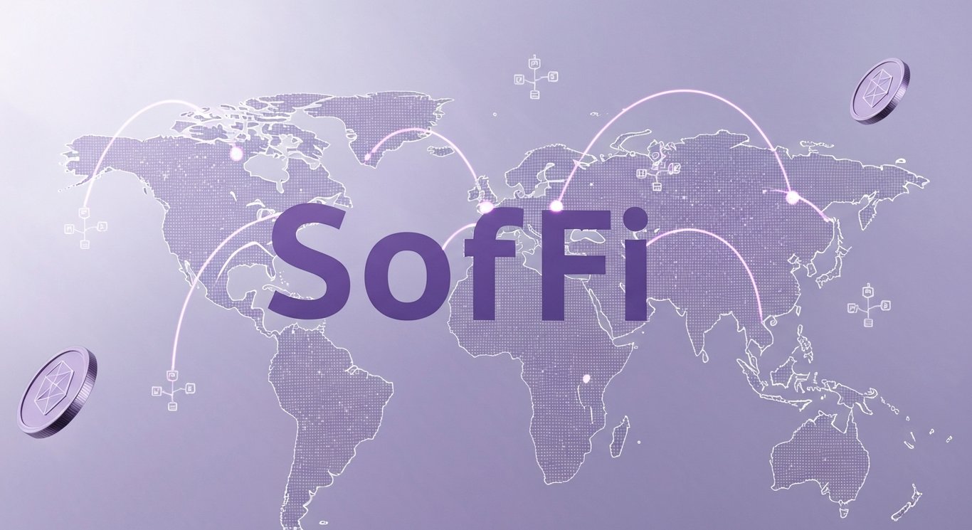 SoFi cross-border payments with blockchain remittances and Lightning Network visualization in a minimalist purple theme