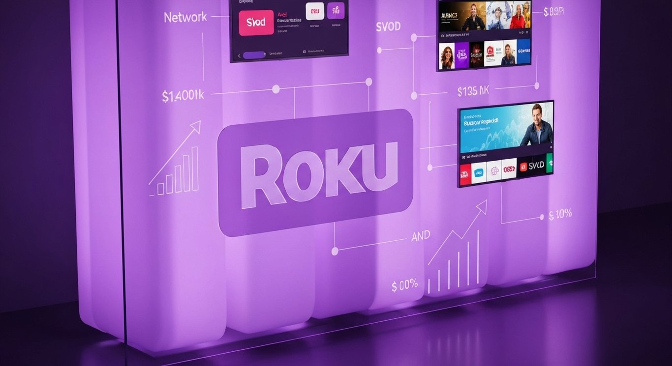 Streaming platform logo with connected TV screens, ad growth symbols, SVOD icons, and partnership network in purple theme