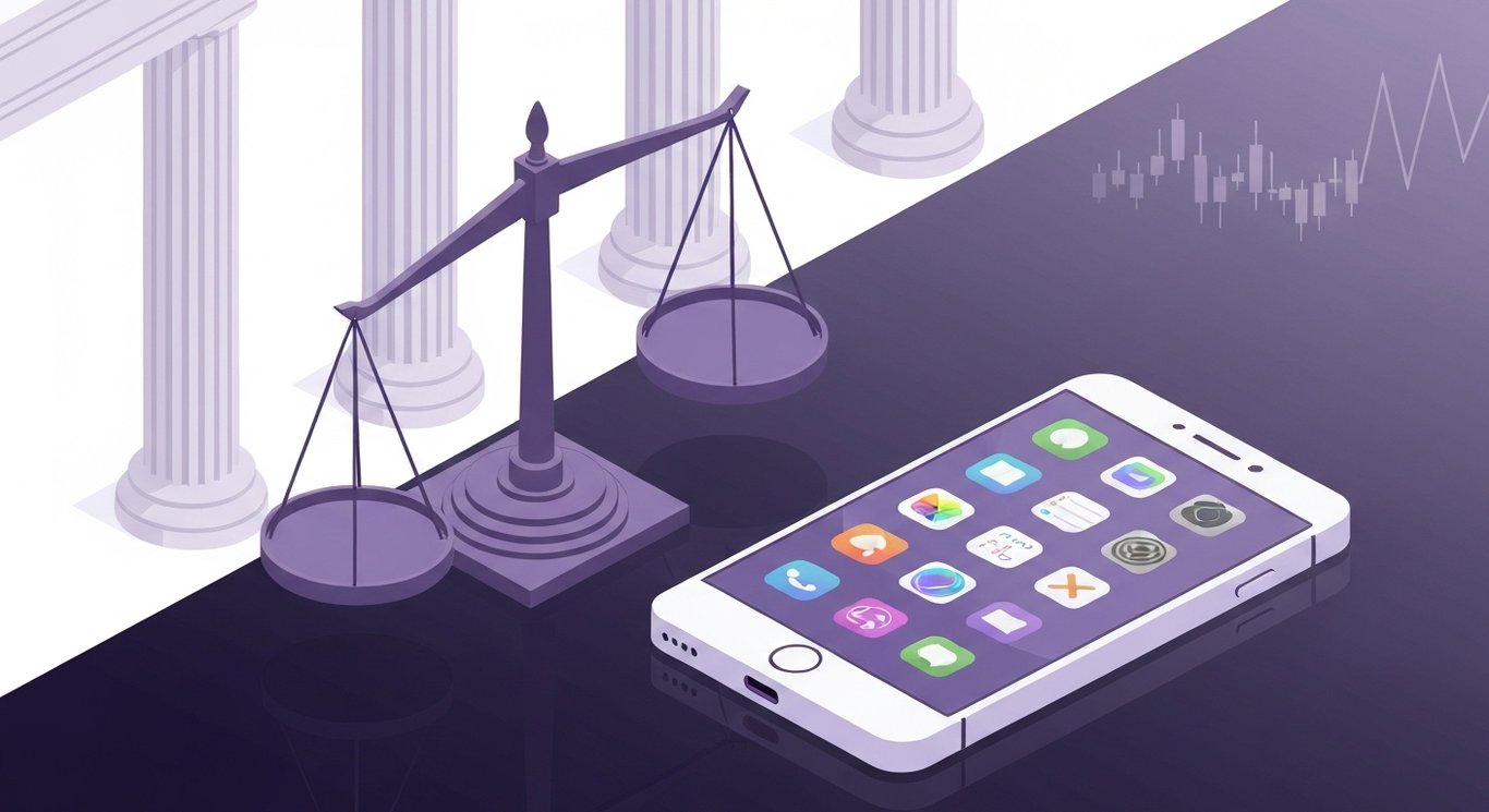 Scales of justice and smartphone with app icons near faint stock line and soft courthouse columns