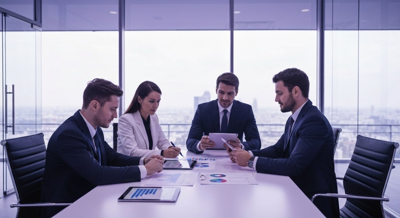 Business meeting with executives analyzing charts in a modern office with soft purple lighting