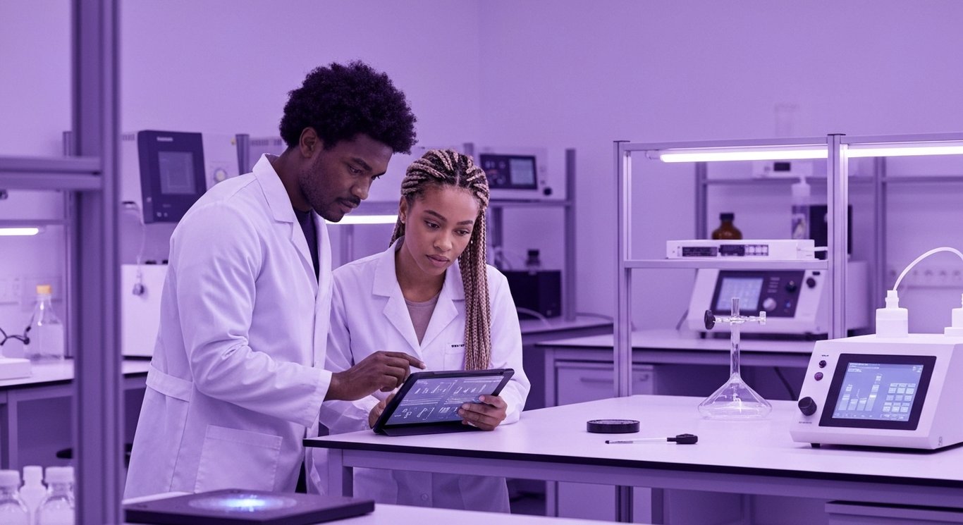 Two scientists in a lab examining a tablet with laboratory equipment and a soft purple background