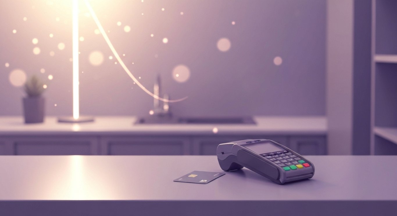Payment terminal and contactless card on a small business counter with soft purple bokeh and a faint upward light trail