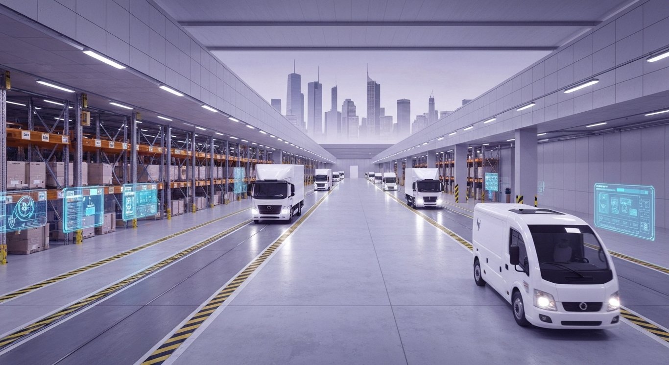 Modern logistics hub with delivery trucks and digital devices, set against a sleek purple-toned cityscape