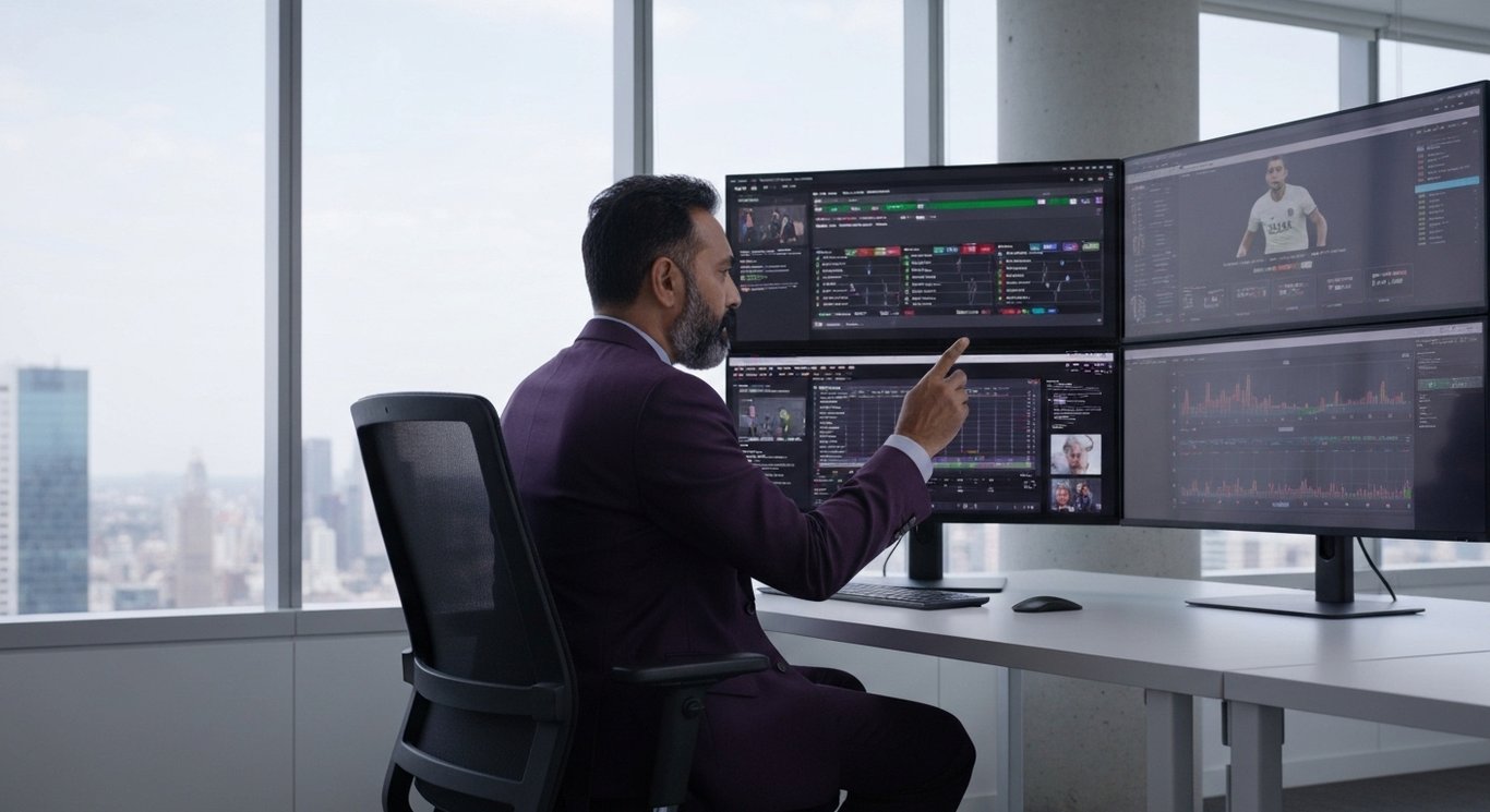 Business executive studies sports media content on screens in a sleek office with city view