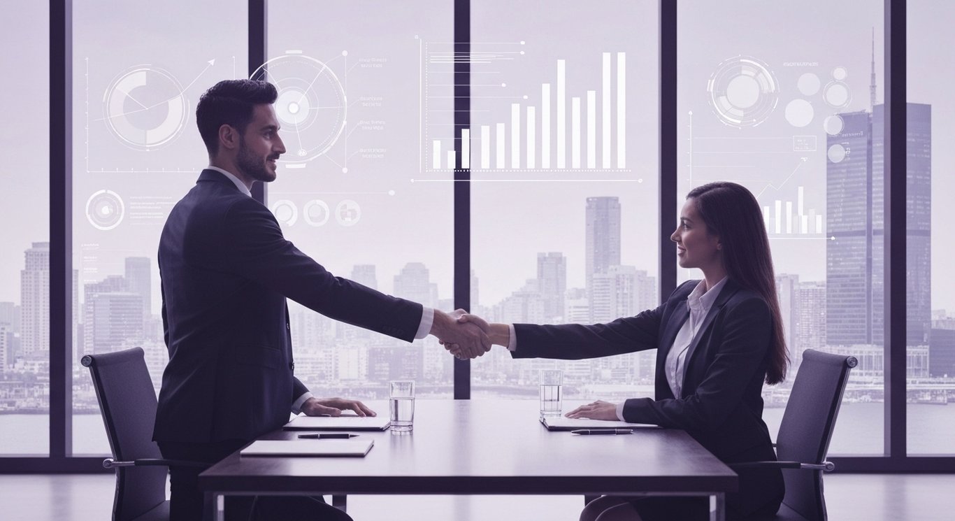 Businesspeople shaking hands at a conference table with digital charts and a cityscape in the background
