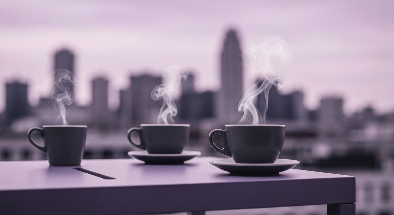Two coffee cups emit steam on a city table with a purple-toned urban backdrop