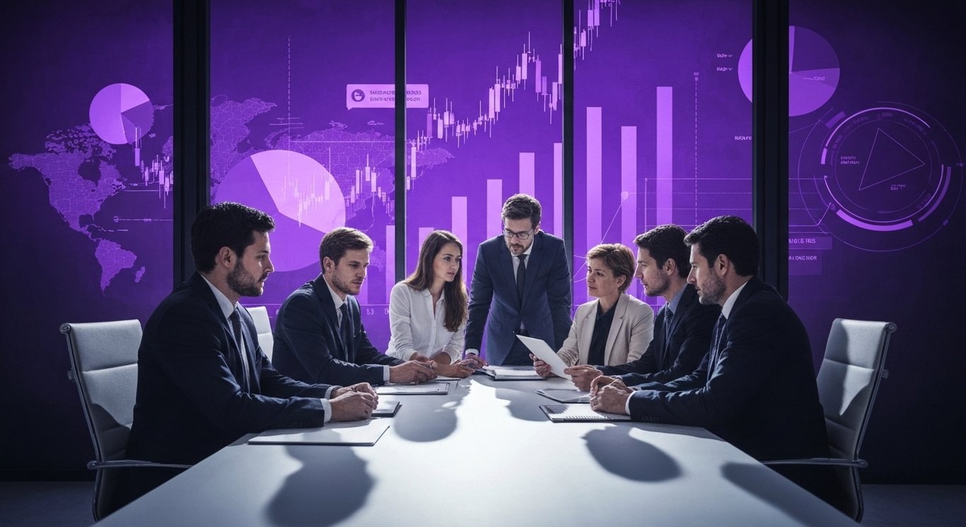 Business professionals meeting at a conference table with abstract purple-themed background